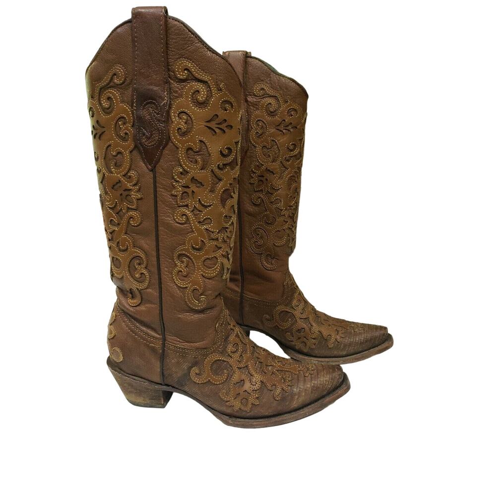 Corral Brown Leather Womens Cowboy Boots with Embroidery. Size 6 M. C1052 Brushp